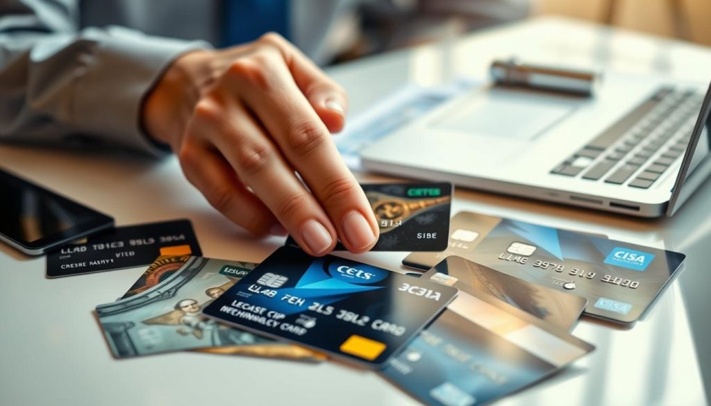 A close-up view of a variety of secured credit cards specifically designed for individuals with bad credit, arranged artistically on a clean, polished desk. The foreground features several cards with distinct designs, showcasing options like low fees and secure chip technology. In the middle, a hand gently holds one of the cards, emphasizing trust and accessibility. In the background, a laptop and financial documents subtly blur, suggesting a professional environment. Soft, warm lighting creates an inviting atmosphere, while a shallow depth of field focuses the viewer's attention on the cards. The overall mood is reassuring and empowering, illustrating financial opportunity and responsible credit management. A close-up view of a variety of secured credit cards specifically designed for individuals with bad credit, arranged artistically on a clean, polished desk. The foreground features several cards with distinct designs, showcasing options like low fees and secure chip technology. In the middle, a hand gently holds one of the cards, emphasizing trust and accessibility. In the background, a laptop and financial documents subtly blur, suggesting a professional environment. Soft, warm lighting creates an inviting atmosphere, while a shallow depth of field focuses the viewer's attention on the cards. The overall mood is reassuring and empowering, illustrating financial opportunity and responsible credit management.